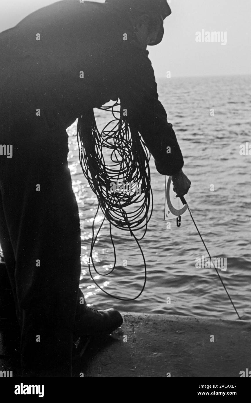 Hafenarbeiter hält Leine des Bojentauchers, Emden, Niedersachsen, Deutschland, 1950. Docker detiene il guinzaglio di boe subacqueo, Emden, Bassa Sassonia, Germania, 1950. Foto Stock