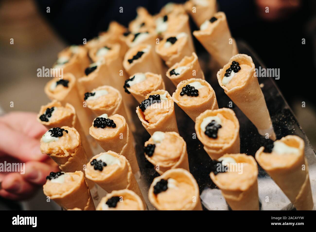 Dettaglio di una tartina di un pasto in un evento, matrimoni, meeting o congresso con il cibo Foto Stock