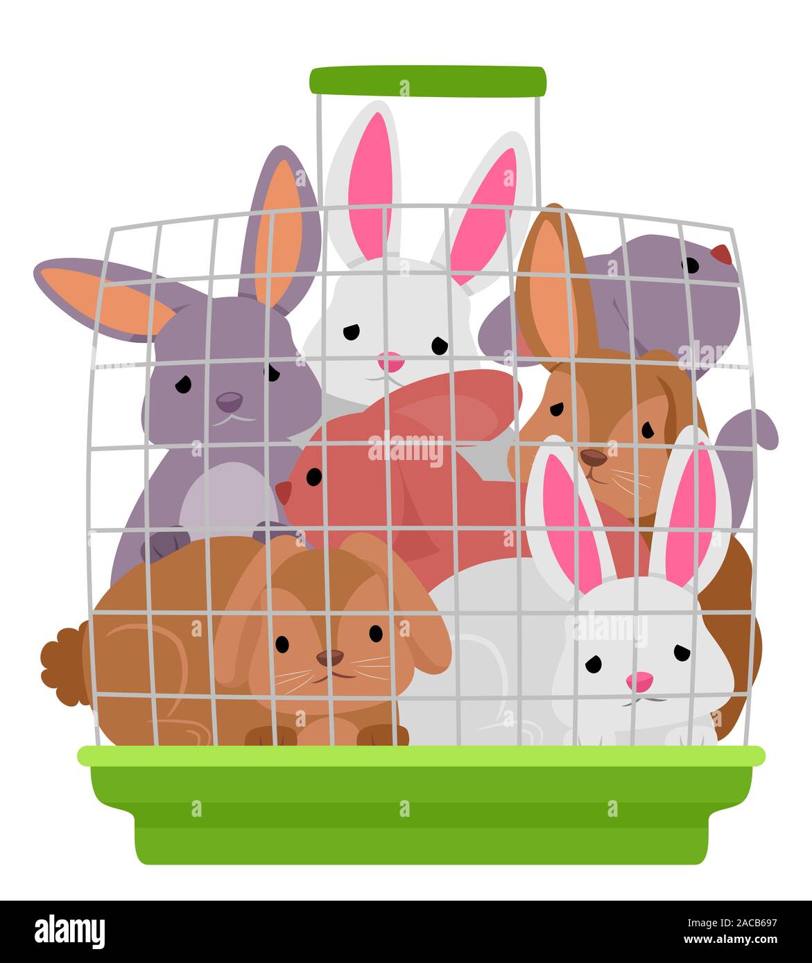 Illustrazione di alcuni conigli all'interno di una gabbia piccola. Abuso di animale Foto Stock