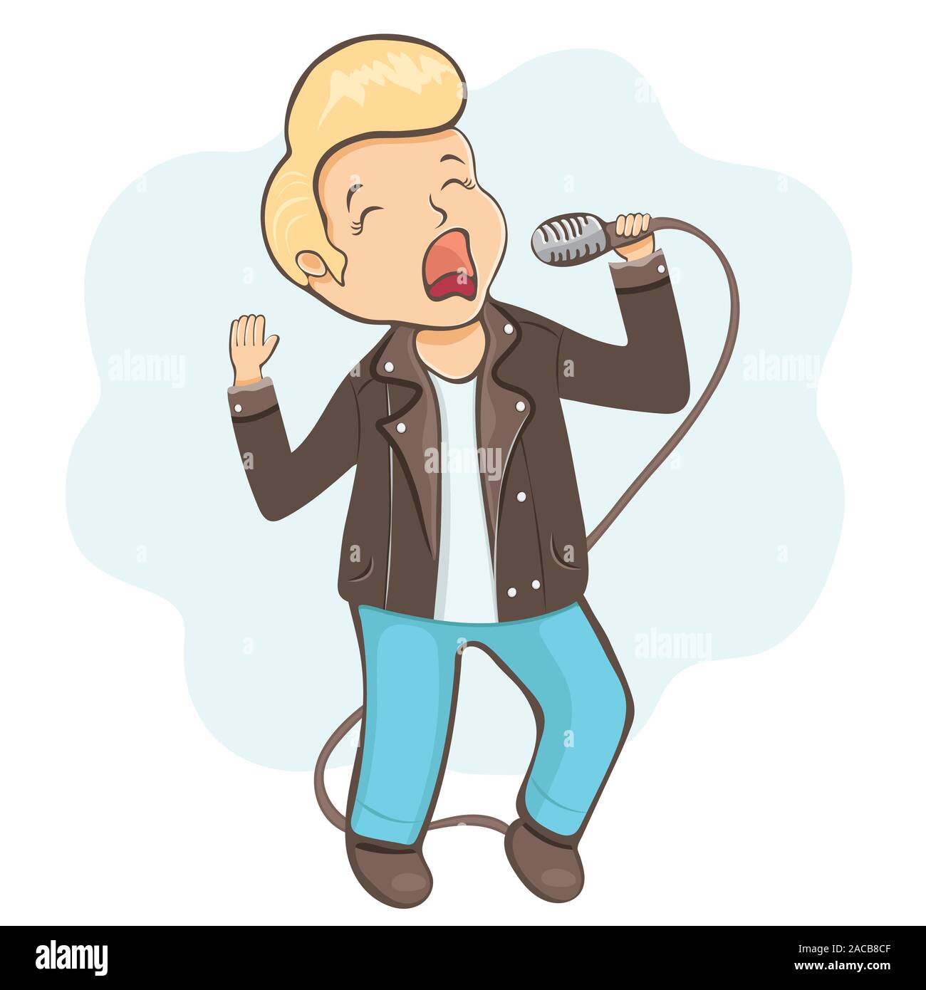 Uomo a cantare in un microfono, un personaggio dei fumetti, lato adesivo di disegno. Ragazzo con capelli prevista in una coc in giacca di pelle trattiene un microfono in mano, Illustrazione Vettoriale