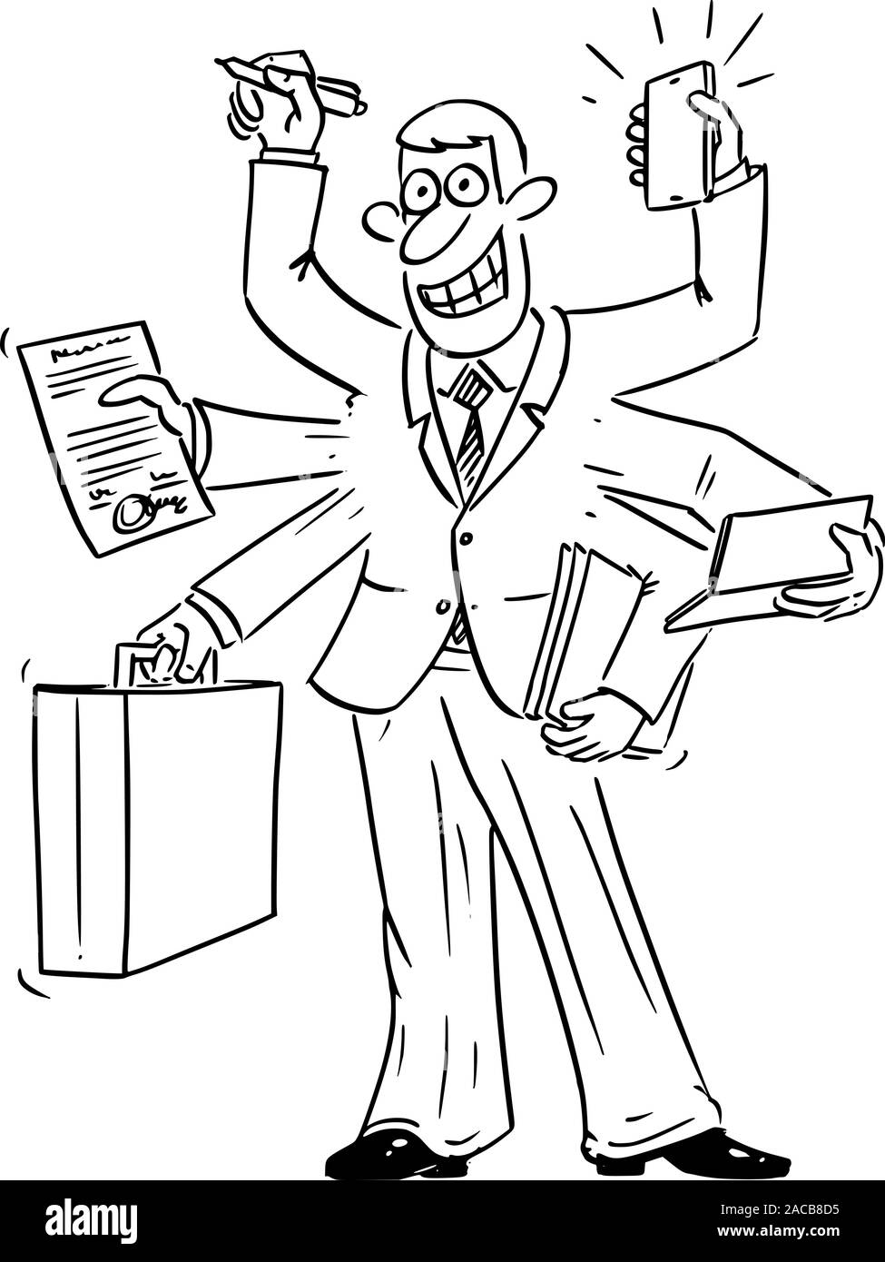 Vector divertente comico disegno animato della trafficata fiducioso imprenditore con molte mani lavorando su molti compiti nello stesso tempo. Gestione del tempo o il concetto di multitasking. Illustrazione Vettoriale