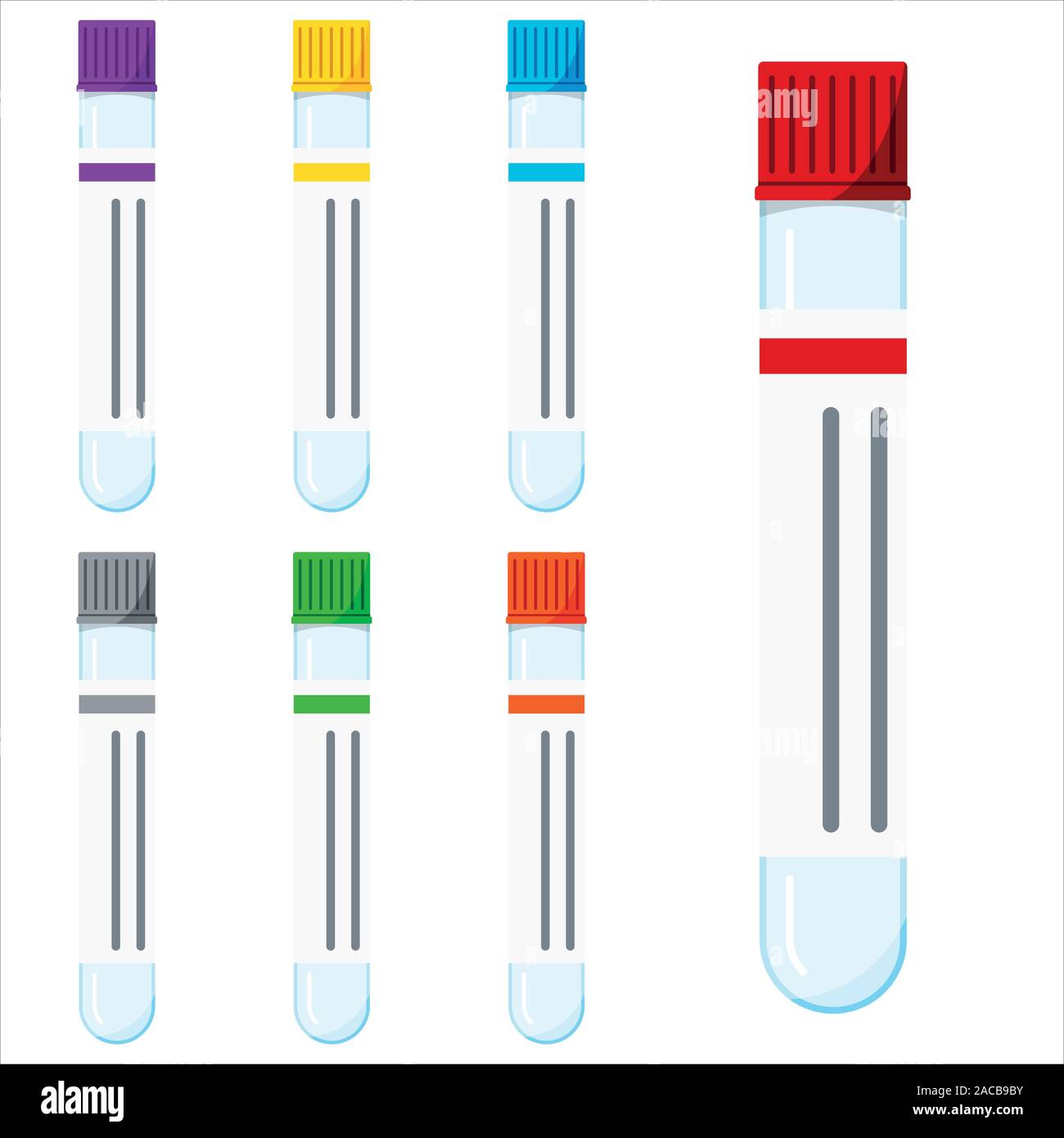 Il vetro o la plastica vuoto tubi di prova imposta icona senza liquido con tappi colorati, adesivo isolati su sfondo bianco. Illustrazione Vettoriale