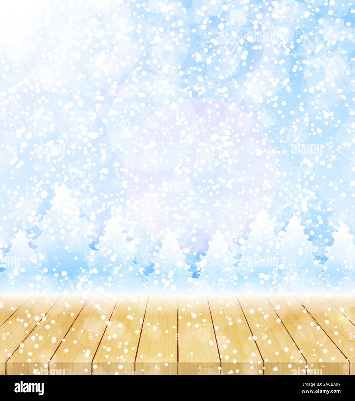 Buon Natale e felice anno nuovo saluto con sfondo legno tavolo. Paesaggio invernale con la neve e gli alberi di natale Illustrazione Vettoriale