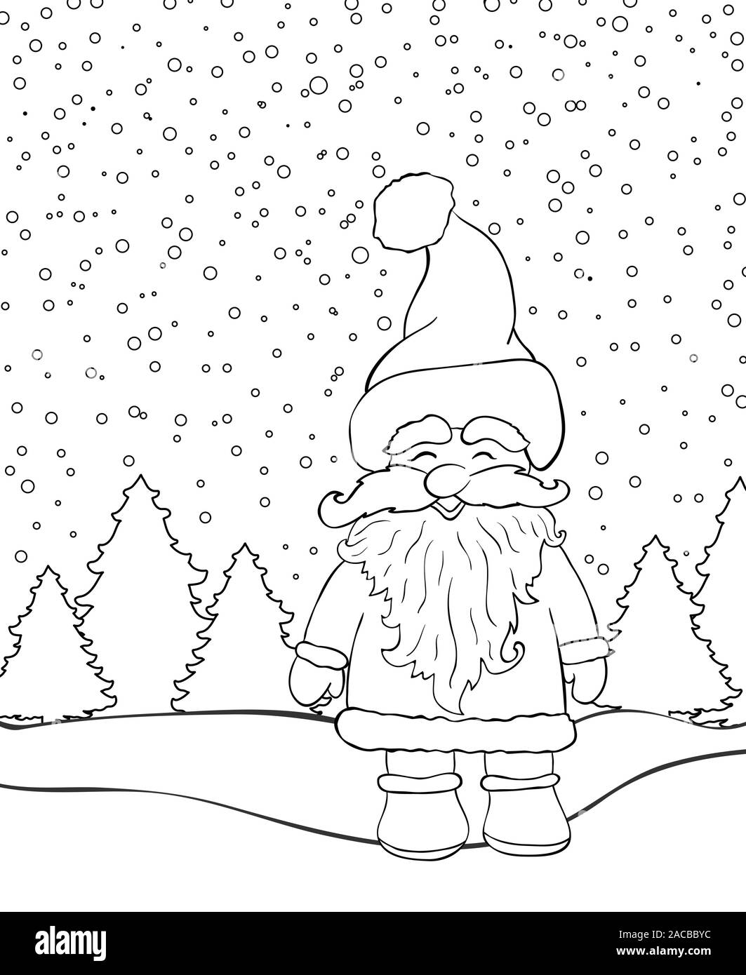 Sfondo di Natale con Babbo Natale e alberi di pino per la colorazione di pagina di libro vettore Illustrazione Vettoriale