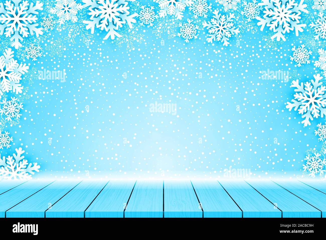 Sfondo di Natale con i fiocchi di neve il telaio e un tavolo di legno. Illustrazione Vettoriale Illustrazione Vettoriale