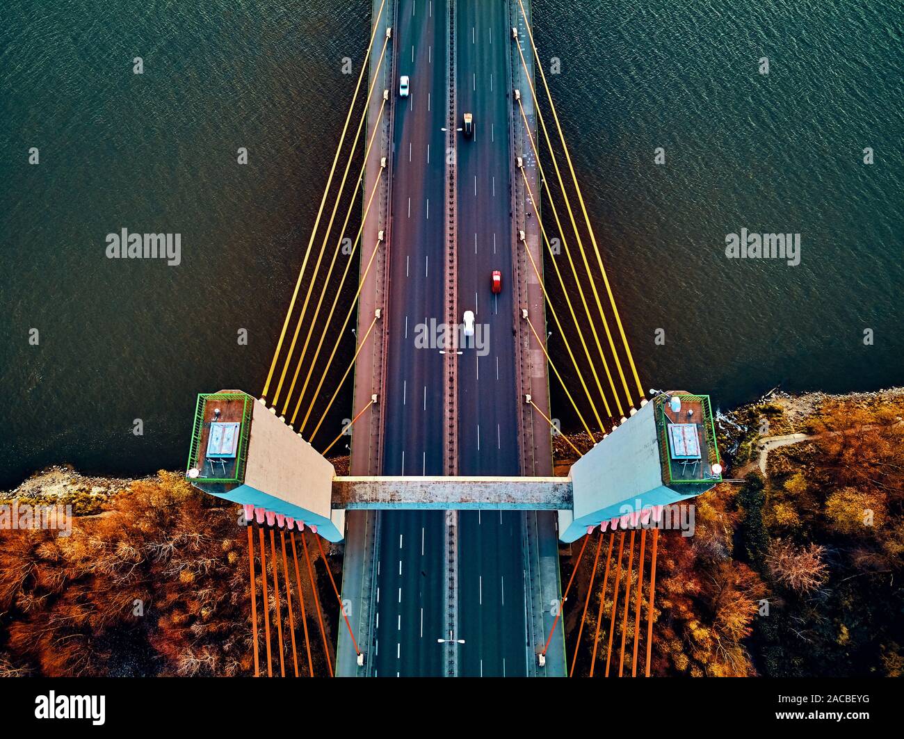 Bellissima vista panoramica aerea vista drone al cavo-alloggiato Siekierkowski ponte sopra il fiume Vistola e la città di Varsavia grattacieli, Polonia in oro rosso autu Foto Stock