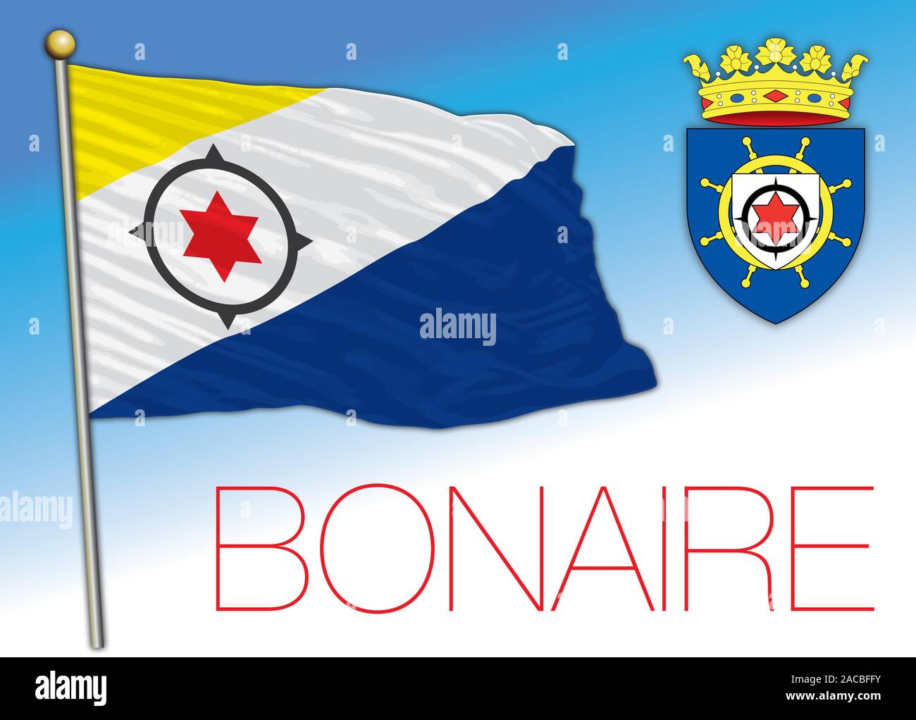 Bonaire Island bandiera ufficiale e stemma, paese dei Caraibi, illustrazione vettoriale Illustrazione Vettoriale