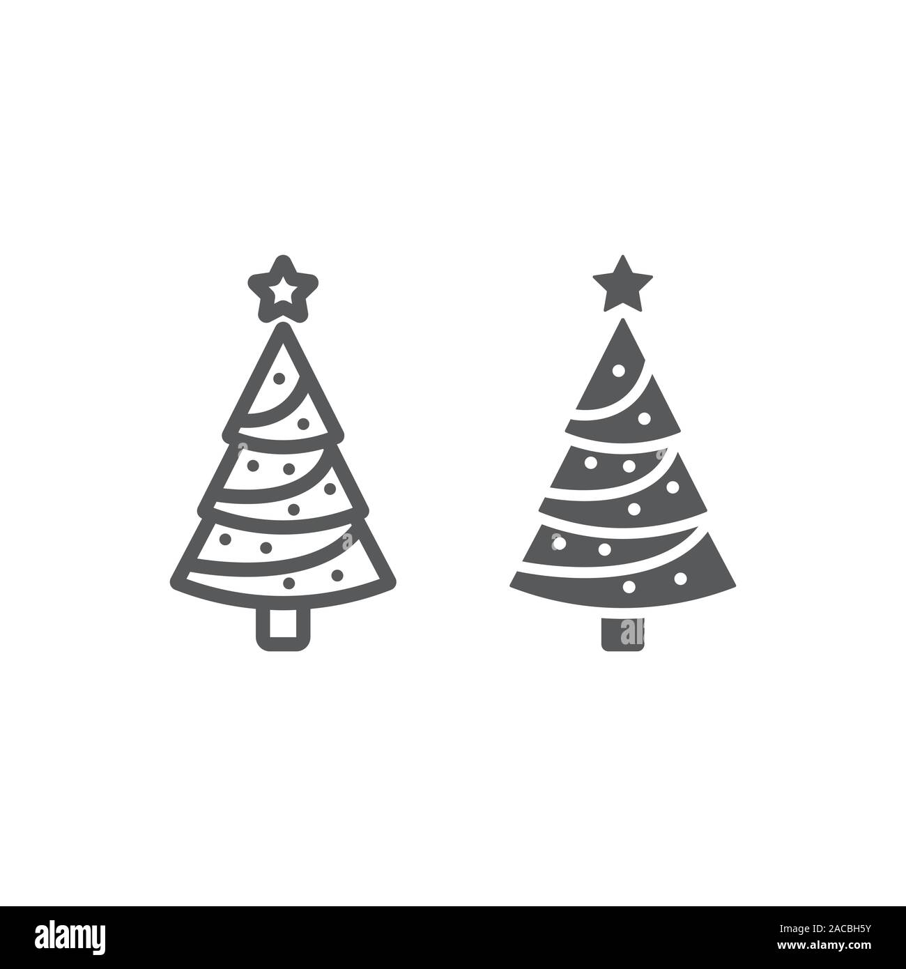 Albero di natale di linea e icona di glifo, con un decor e un nuovo anno, abete segno, grafica vettoriale, un modello lineare su uno sfondo bianco. Illustrazione Vettoriale