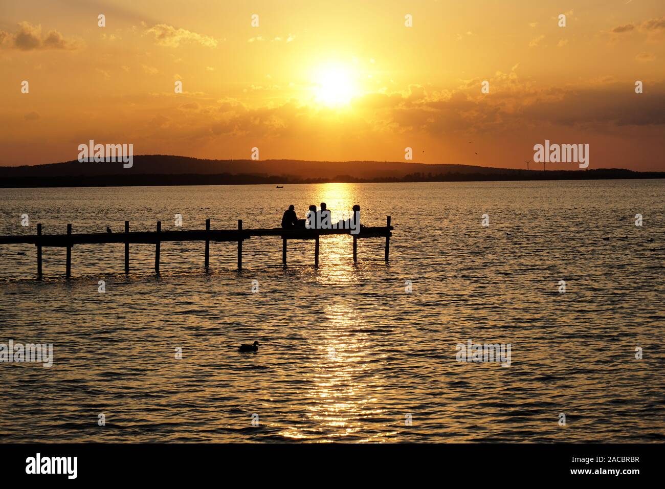 Gruppo di amici rilassante sul molo a guardare il tramonto sul lago Steinhuder Meer in Germania, irriconoscibile la gente in silhouette Foto Stock