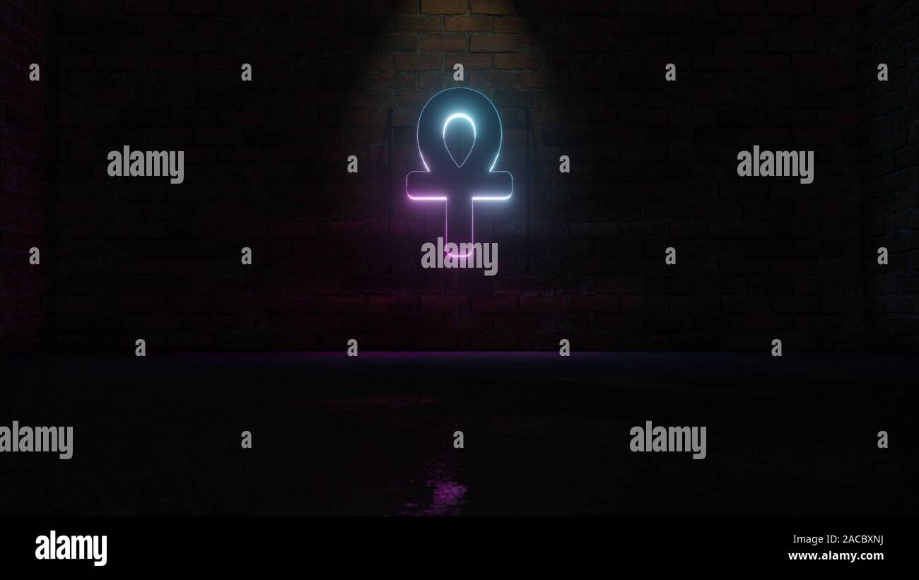 3D rendering di blue violet neon di simbolo di ankh sul mattone scuro dello sfondo a parete con wet riflessione sfocata Foto Stock