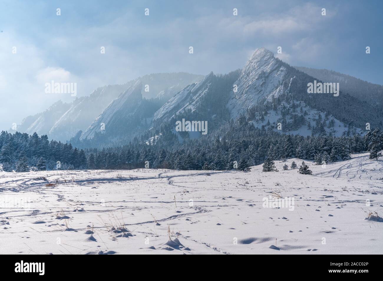 L'inverno in Flatirons di Boulder, Colorado Foto Stock
