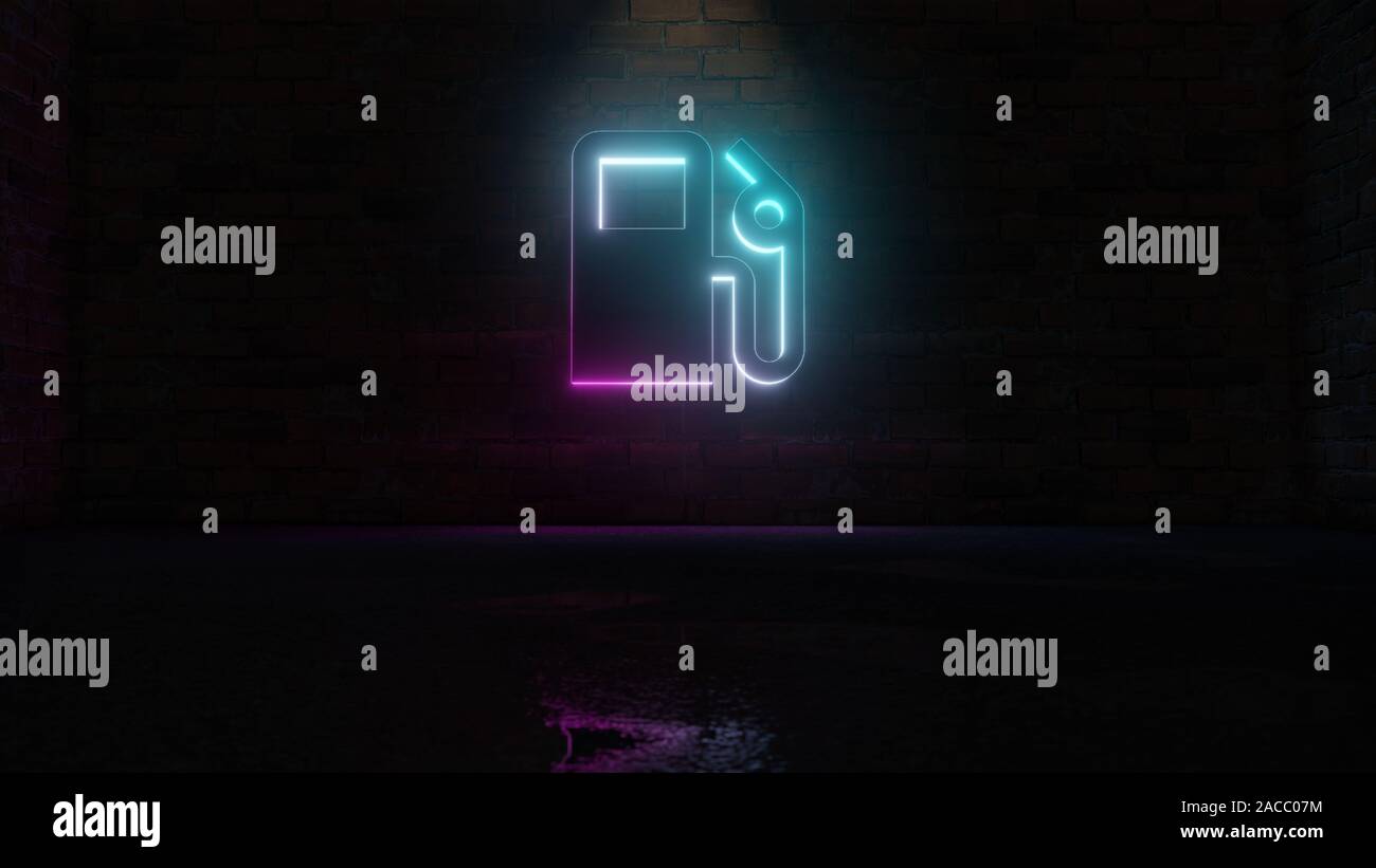 3D rendering di blue violet neon simbolo della pompa a gas station on dark muro di mattoni lo sfondo con il bagnato riflessione sfocata Foto Stock