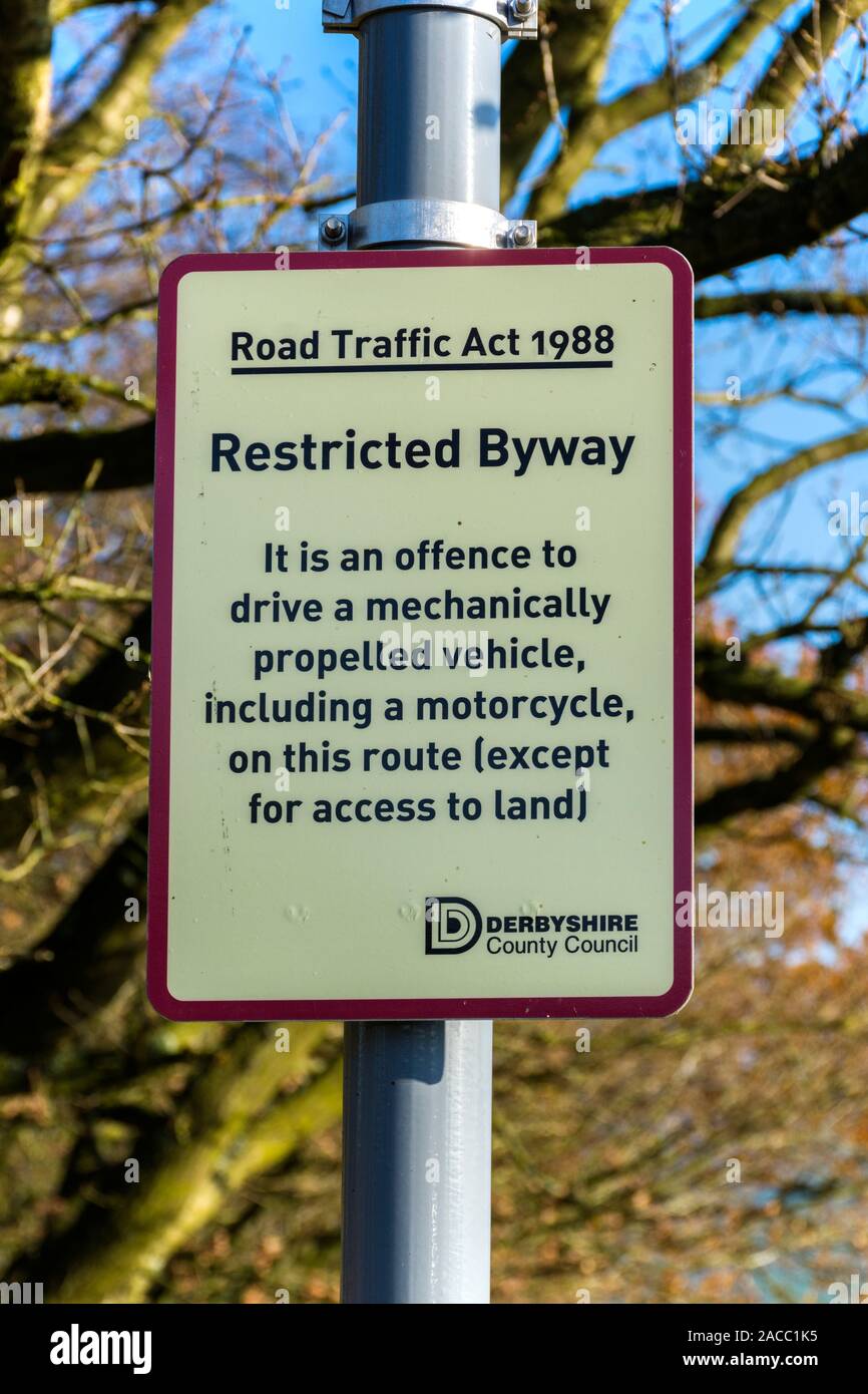 Limitato Byway segno vicino a New Mills, Derbyshire, England, Regno Unito Foto Stock