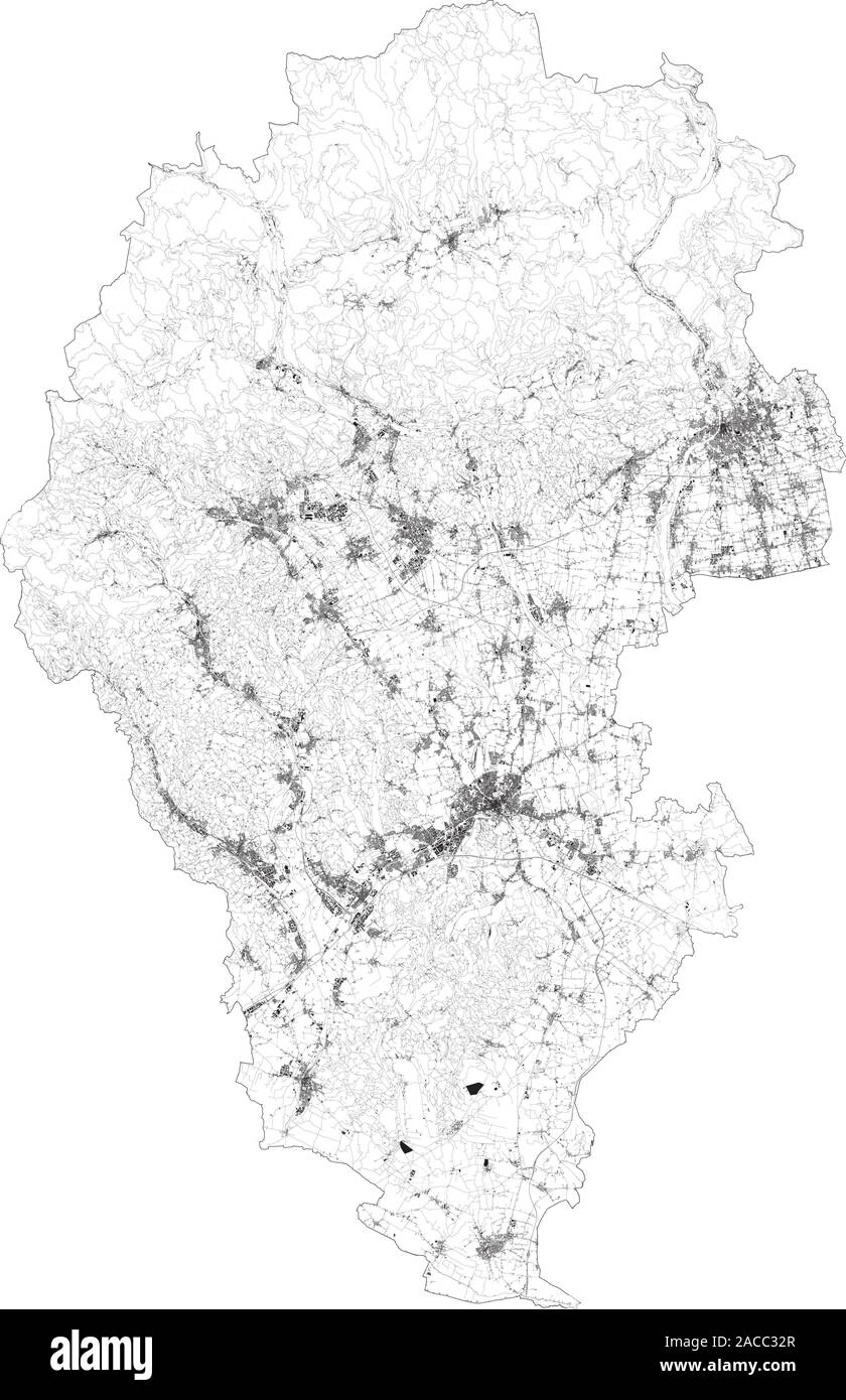 Mappa satellitare della provincia di Vicenza, città e strade, edifici e strade di collegamento delle aree circostanti. Veneto, Italia. Mappa stradale Illustrazione Vettoriale