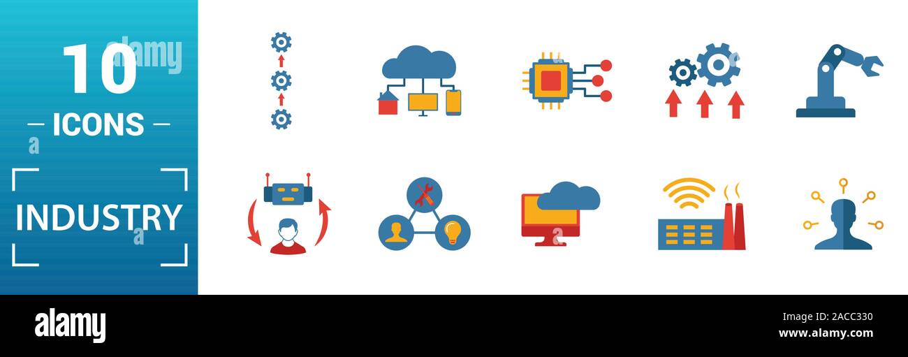 L'industria 4.0 icon set. Includere elementi creativi di automazione della gestione dei dati di business intelligence integrazione orizzontale, modello osi icone. Può essere Illustrazione Vettoriale