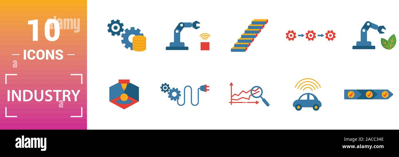 L'industria 4.0 icon set. Includere elementi creativi di automazione della gestione dei dati di business intelligence integrazione orizzontale, modello osi icone. Può essere Illustrazione Vettoriale