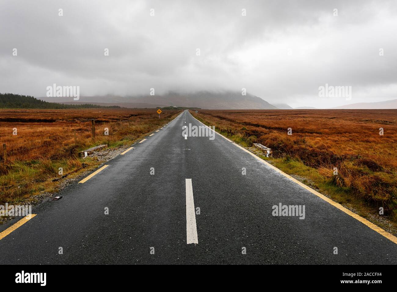 Svuotare strada che conduce al litorale e le isole in una distanza, moody cielo scuro con nuvole temporalesche Foto Stock