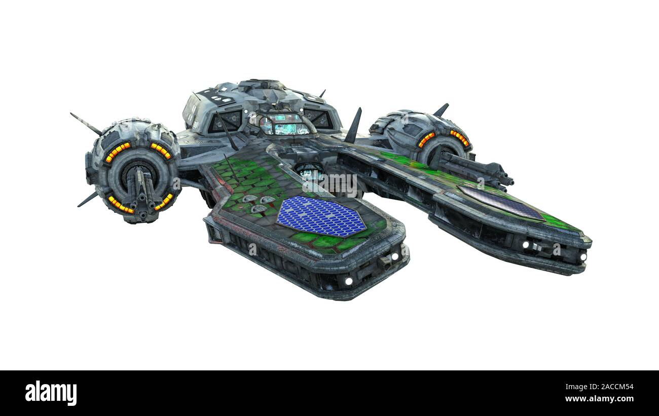 Alien UFO astronave, navicella spaziale in volo isolati su sfondo bianco, vista frontale, rendering 3D Foto Stock