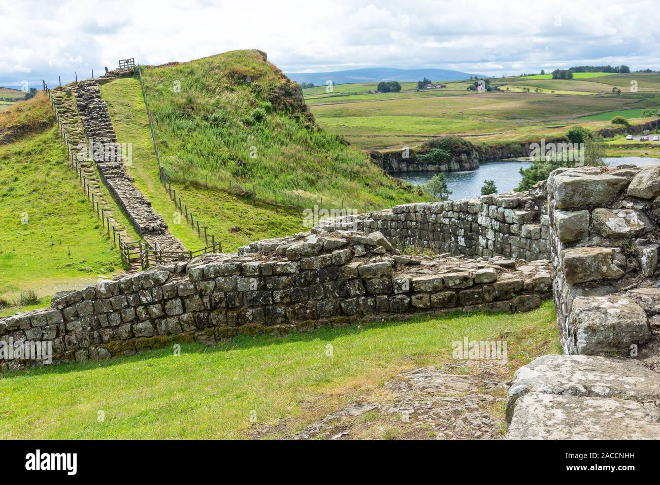 Cawfields milecastle a Vallo di Adriano, Cawfields, parco nazionale di Northumberland, Haltwhistle, Northumberland, England, Regno Unito Foto Stock