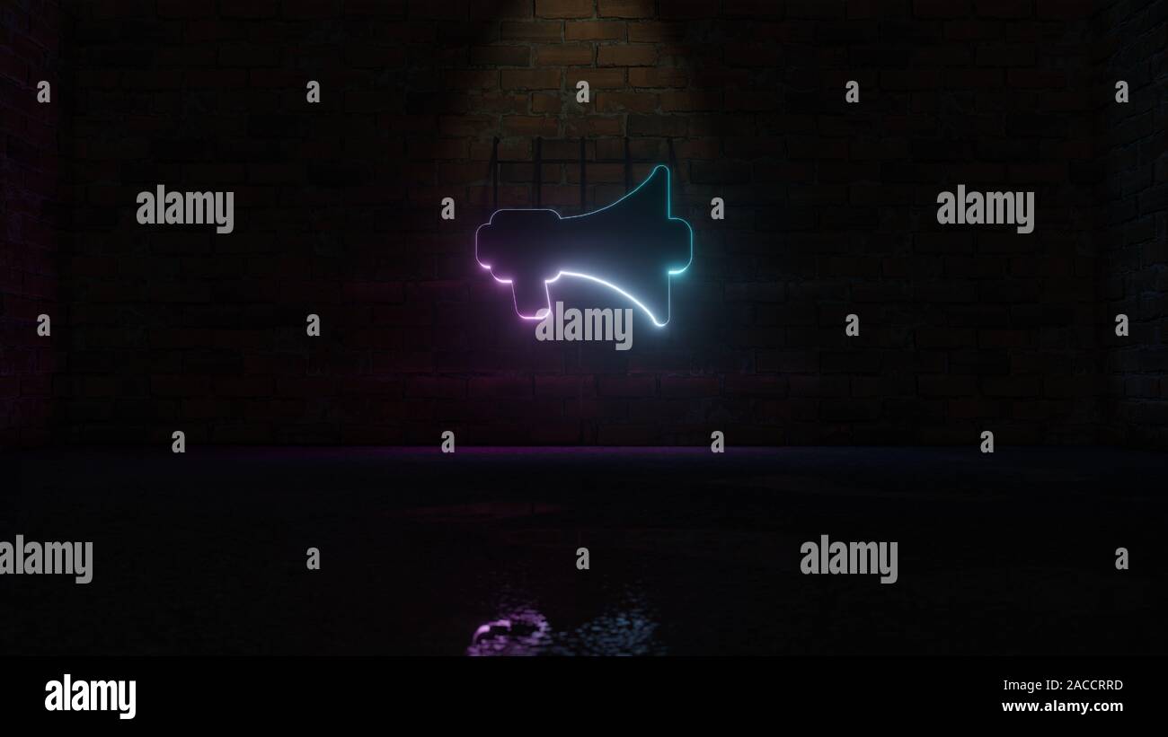 3D rendering di blue violet neon simbolo del megafono scuro su un muro di mattoni lo sfondo con il bagnato riflessione sfocata Foto Stock