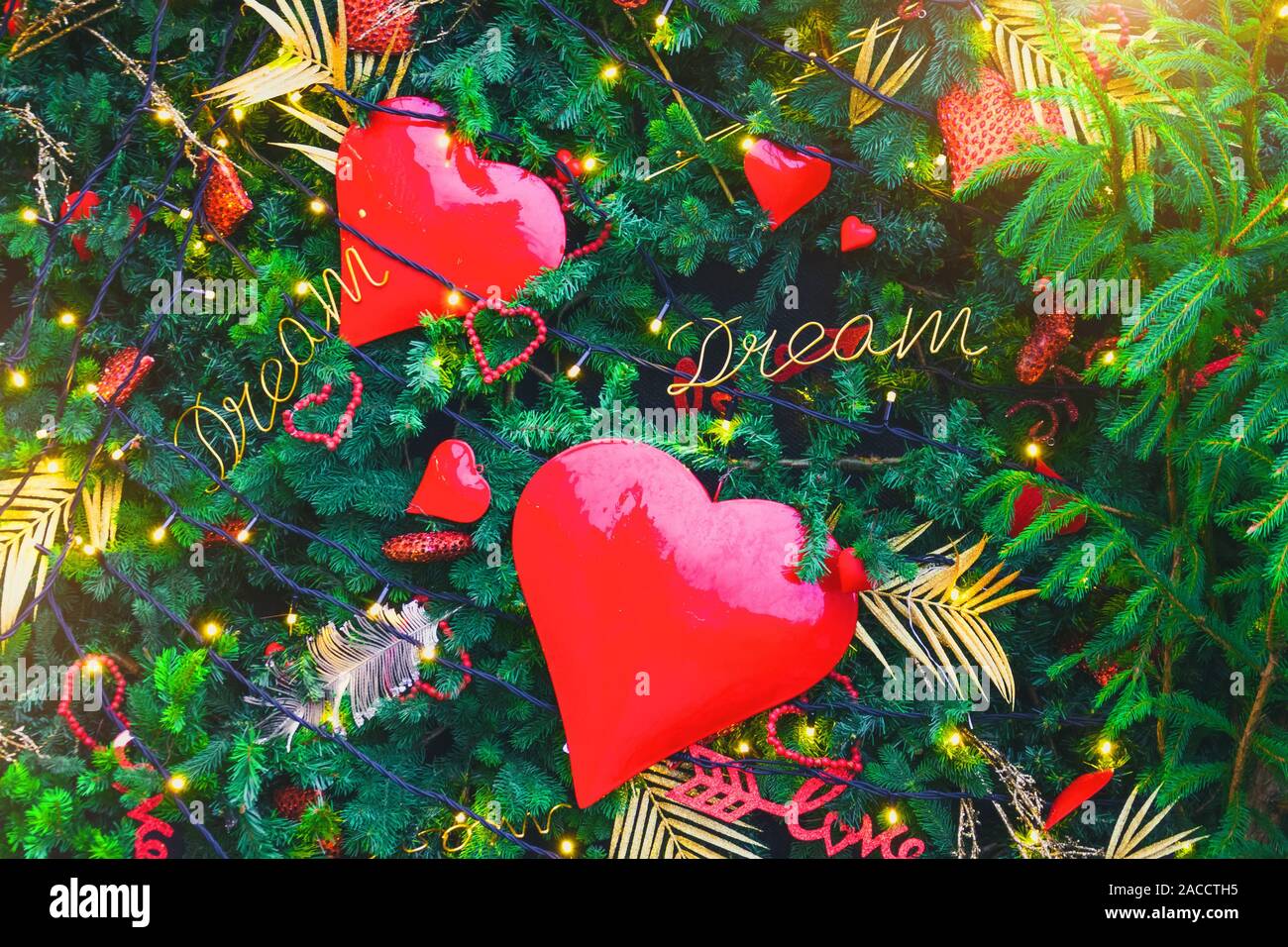 Due cuori rossi con iscrizioni sogno sui rami di abete rosso, decorazioni di Natale, sfondo Foto Stock