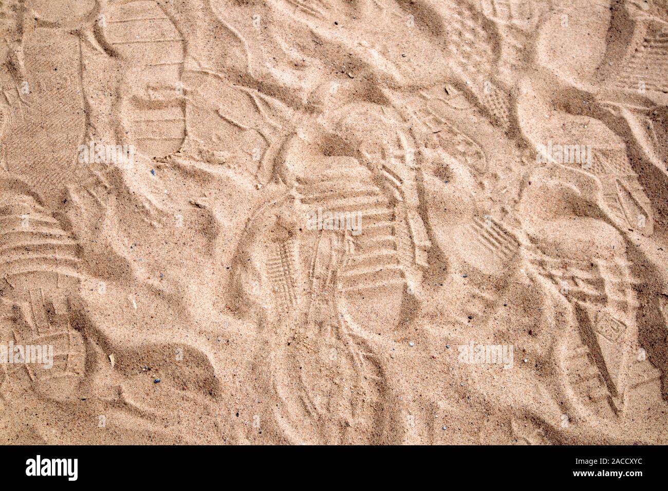 Sole mare di sabbia a riva calpestato dalle impronte umane, può essere utilizzato come sfondo o texture Foto Stock