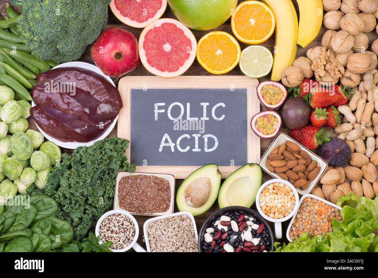 Fonti di cibo di acido folico, vista dall'alto Foto Stock