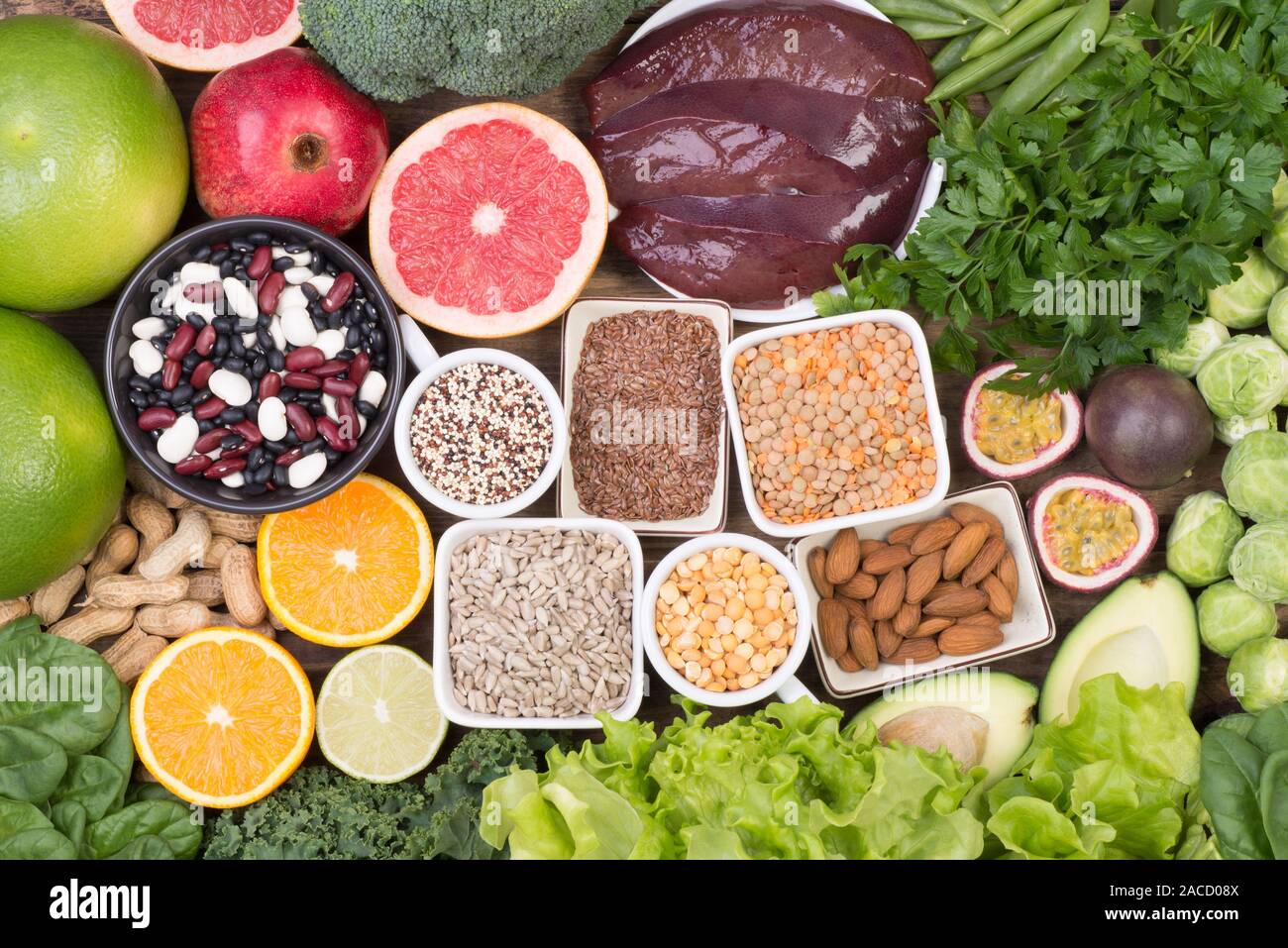 Fonti di cibo di acido folico, vista dall'alto Foto Stock