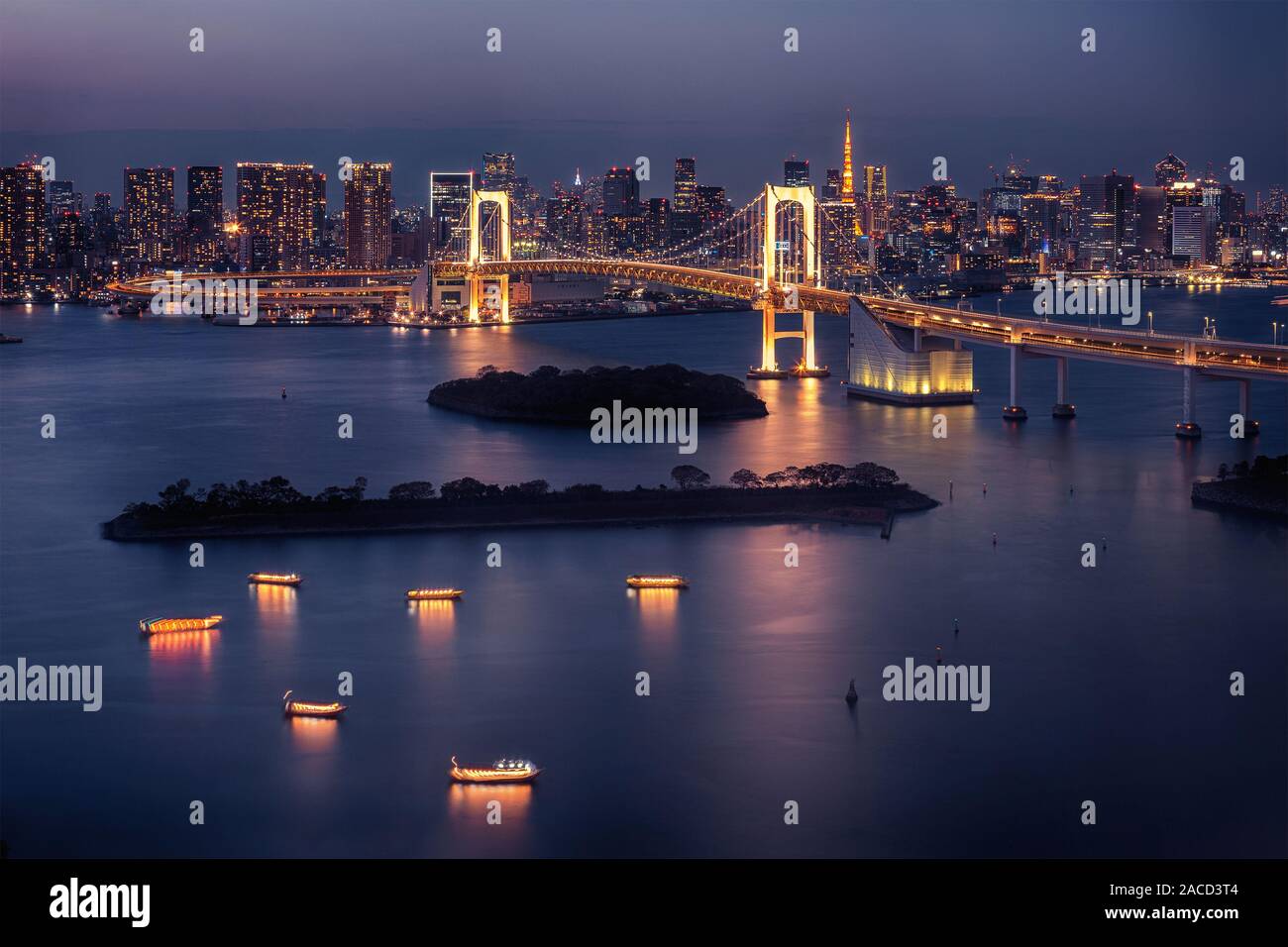 Lo skyline di Tokyo con la Tokyo Tower e il Rainbow Bridge di notte in Giappone Foto Stock