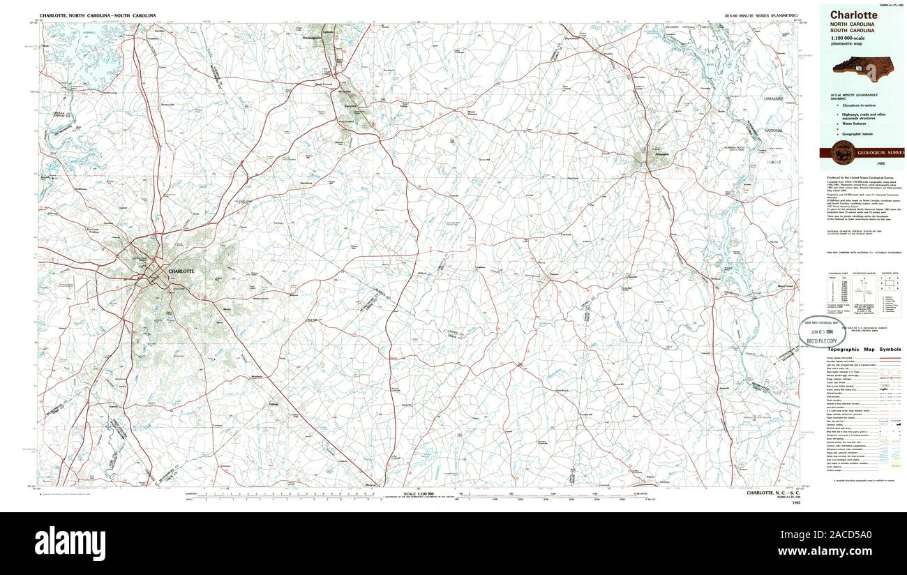 USGS TOPO Map South Carolina Charlotte NC 161084 1985 100000 Il restauro Foto Stock