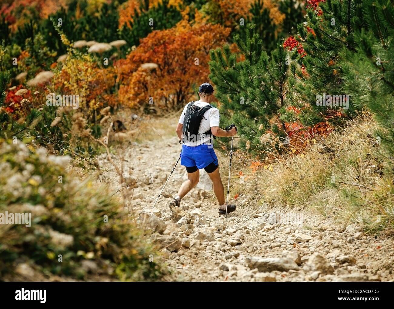 Uomo con zaino e bastoncini da trekking di montagna giù sul sentiero di pietra Foto Stock