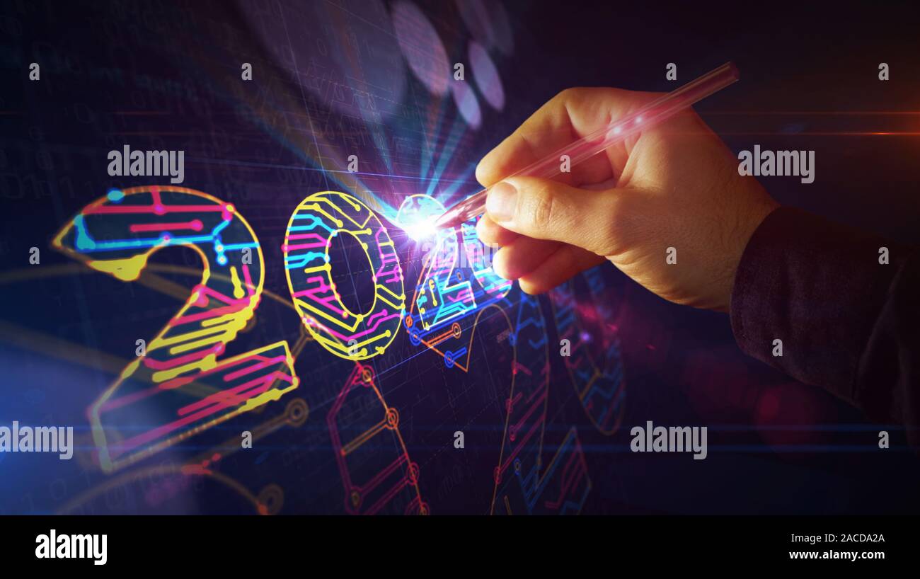 2020 Anno Numero progetto creazione. Concetto astratto 3d'illustrazione. Disegno digitale schema linea di idea futurista. Foto Stock
