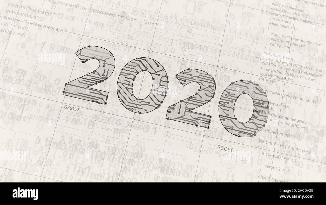 2020 Anno Numero progetto creazione. Concetto astratto 3d'illustrazione. Disegno digitale schema linea di idea futurista. Foto Stock