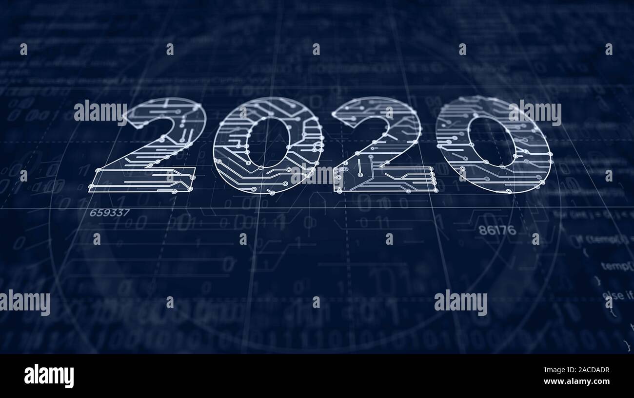 2020 Anno Numero progetto creazione. Concetto astratto 3d'illustrazione. Disegno digitale schema linea di idea futurista. Foto Stock