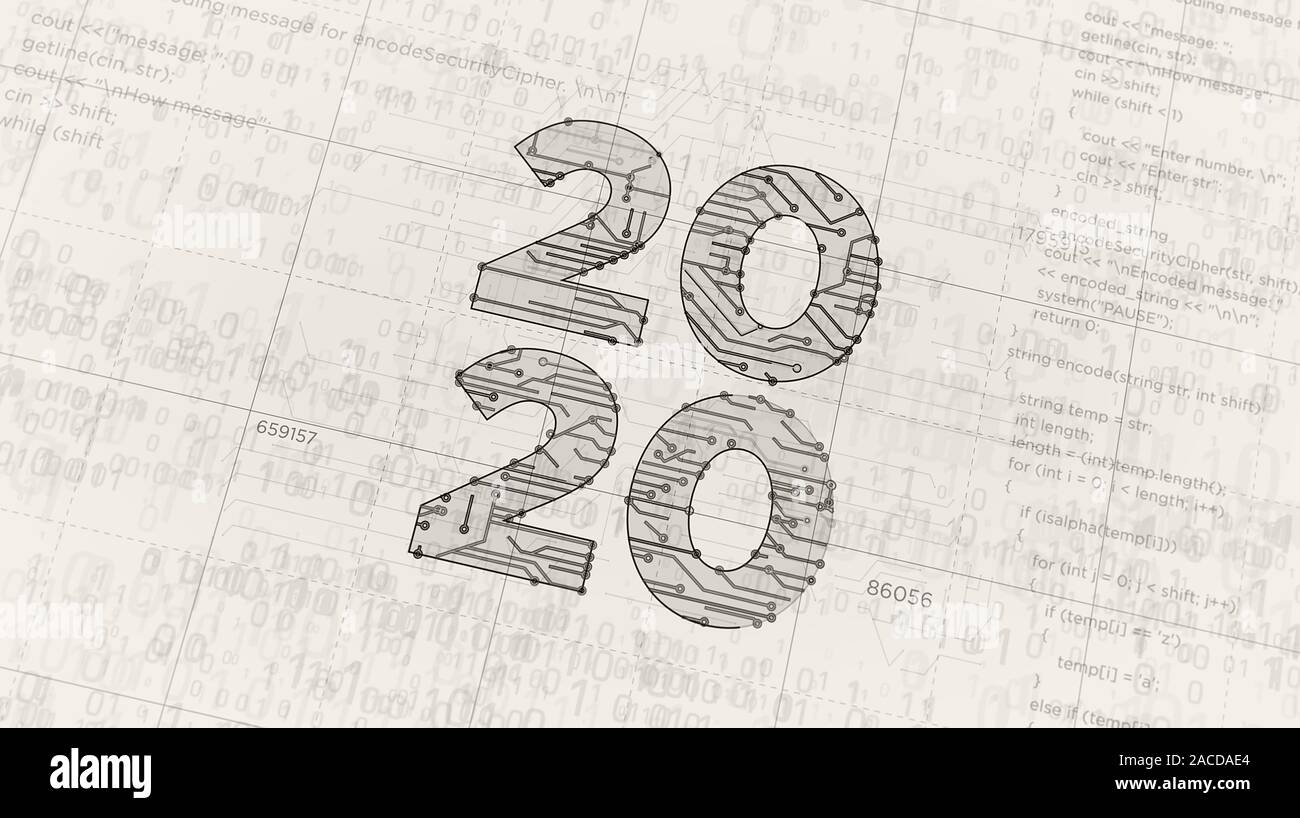 2020 Anno Numero progetto creazione. Concetto astratto 3d'illustrazione. Disegno digitale schema linea di idea futurista. Foto Stock