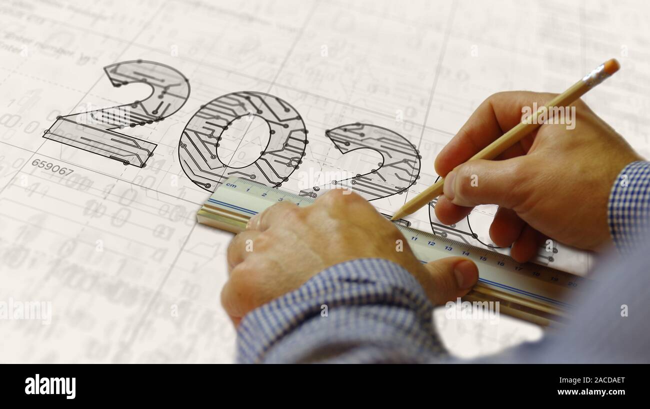 2020 Anno Numero progetto creazione. Concetto astratto 3d'illustrazione. Disegno digitale schema linea di idea futurista. Foto Stock