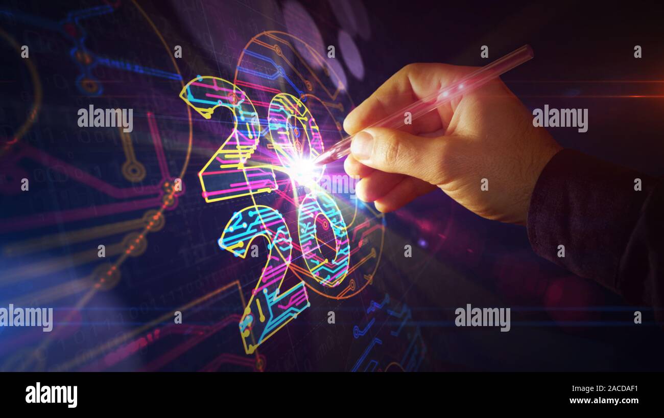 2020 Anno Numero progetto creazione. Concetto astratto 3d'illustrazione. Disegno digitale schema linea di idea futurista. Foto Stock