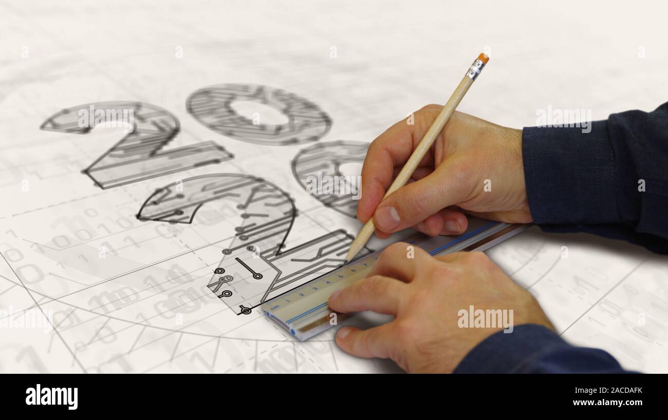 2020 Anno Numero progetto creazione. Concetto astratto 3d'illustrazione. Disegno digitale schema linea di idea futurista. Foto Stock