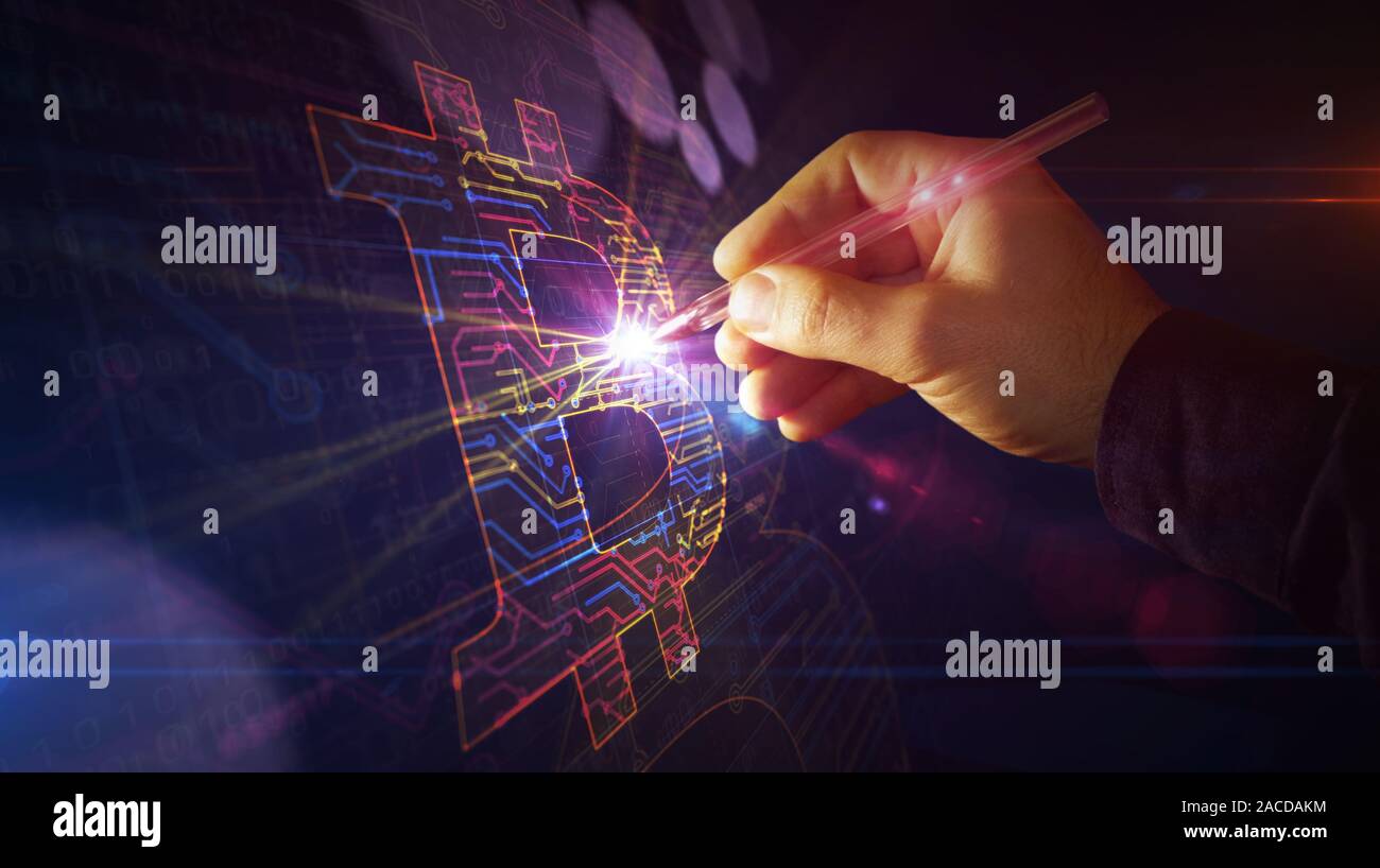 Simbolo di Bitcoin la creazione del progetto. Concetto astratto di tecnologia blockchain, internet crypto moneta e denaro virtuale icona 3d'illustrazione. Disegno d. Foto Stock