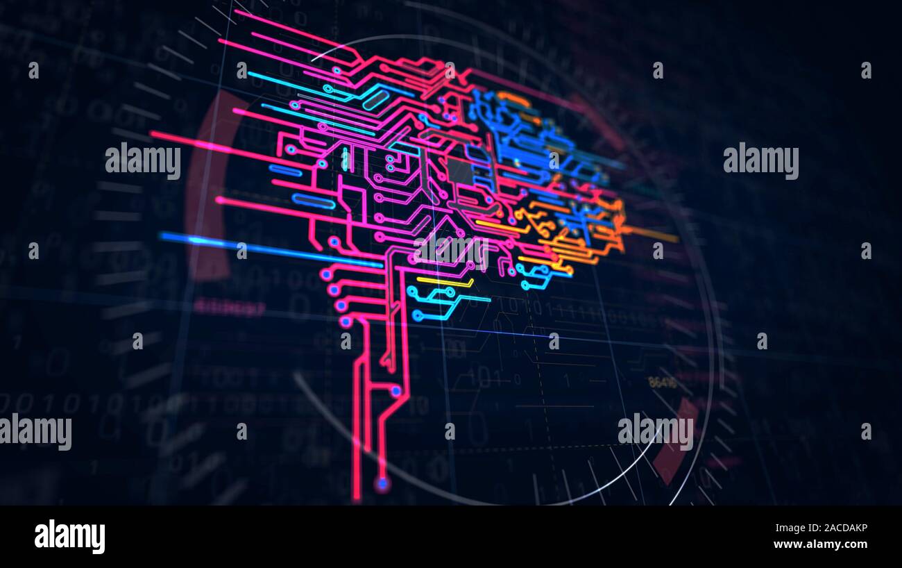 Cervello cibernetico la creazione del progetto. Concetto astratto di tecnologia informatica, macchina e apprendimento profondo, robot e intelligenza artificiale 3d'illustrazione. Foto Stock