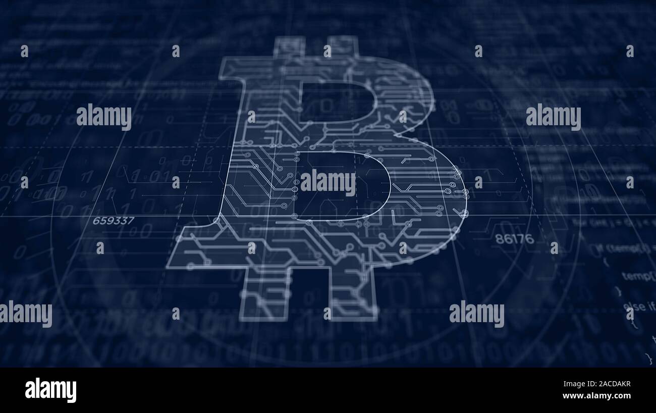 Simbolo di Bitcoin la creazione del progetto. Concetto astratto di tecnologia blockchain, internet crypto moneta e denaro virtuale icona 3d'illustrazione. Disegno d. Foto Stock