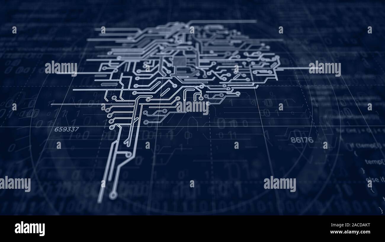 Cervello cibernetico la creazione del progetto. Concetto astratto di tecnologia informatica, macchina e apprendimento profondo, robot e intelligenza artificiale 3d'illustrazione. Foto Stock