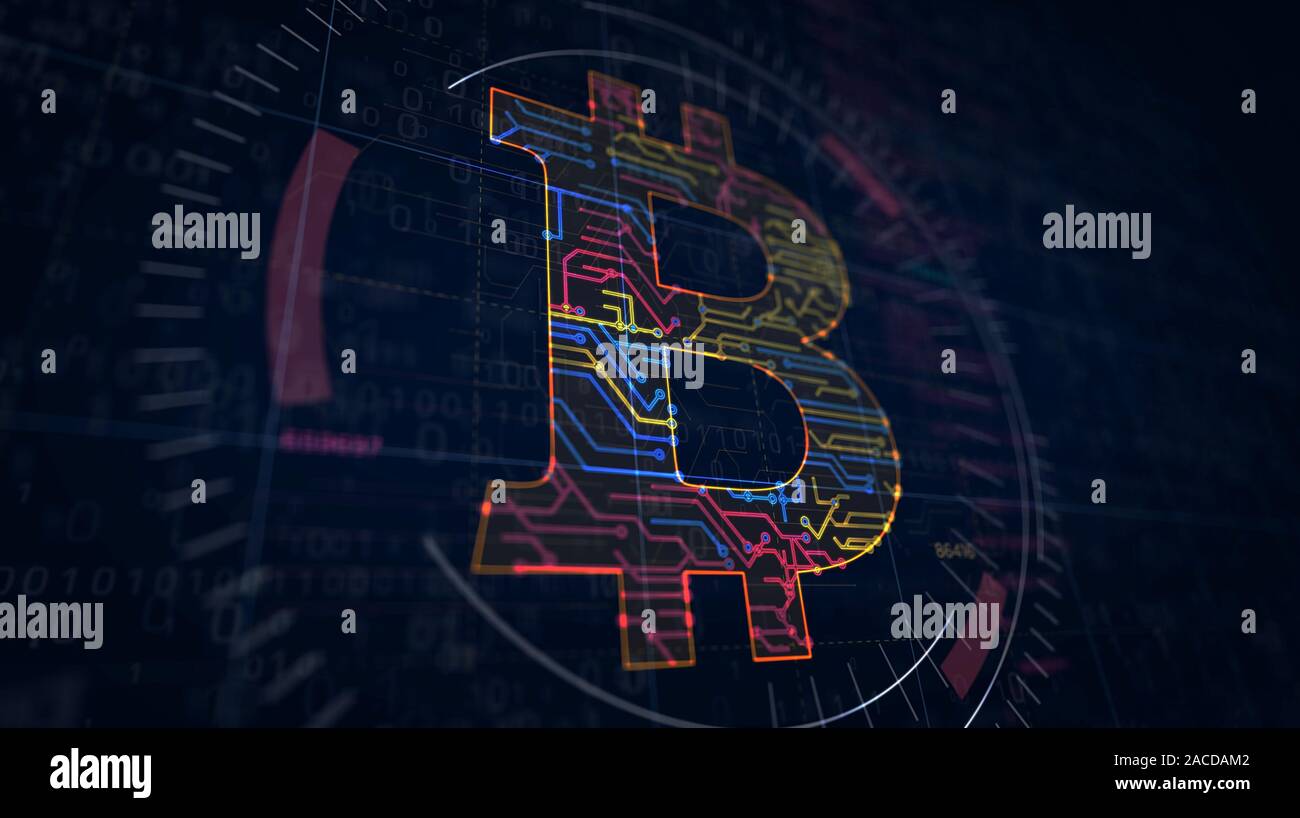 Simbolo di Bitcoin la creazione del progetto. Concetto astratto di tecnologia blockchain, internet crypto moneta e denaro virtuale icona 3d'illustrazione. Disegno d. Foto Stock