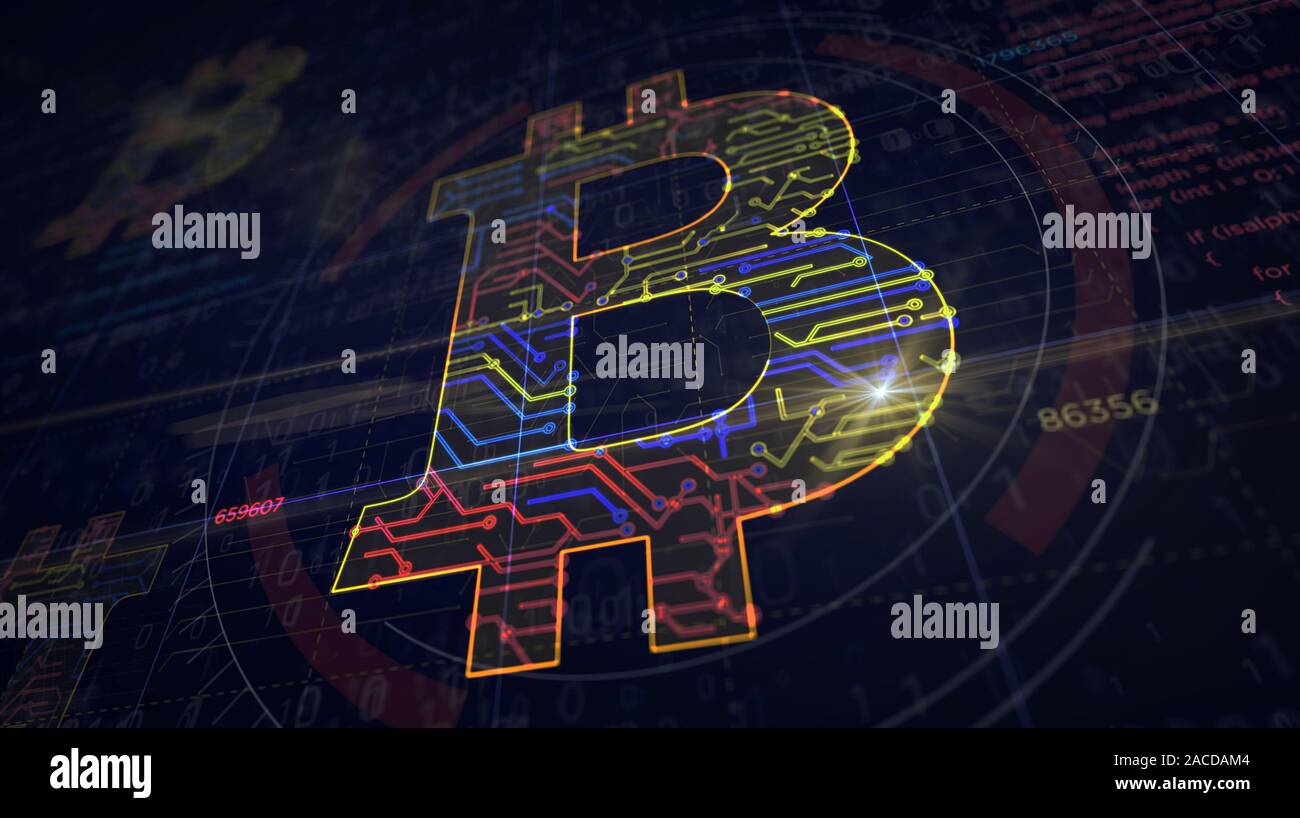 Simbolo di Bitcoin la creazione del progetto. Concetto astratto di tecnologia blockchain, internet crypto moneta e denaro virtuale icona 3d'illustrazione. Disegno d. Foto Stock