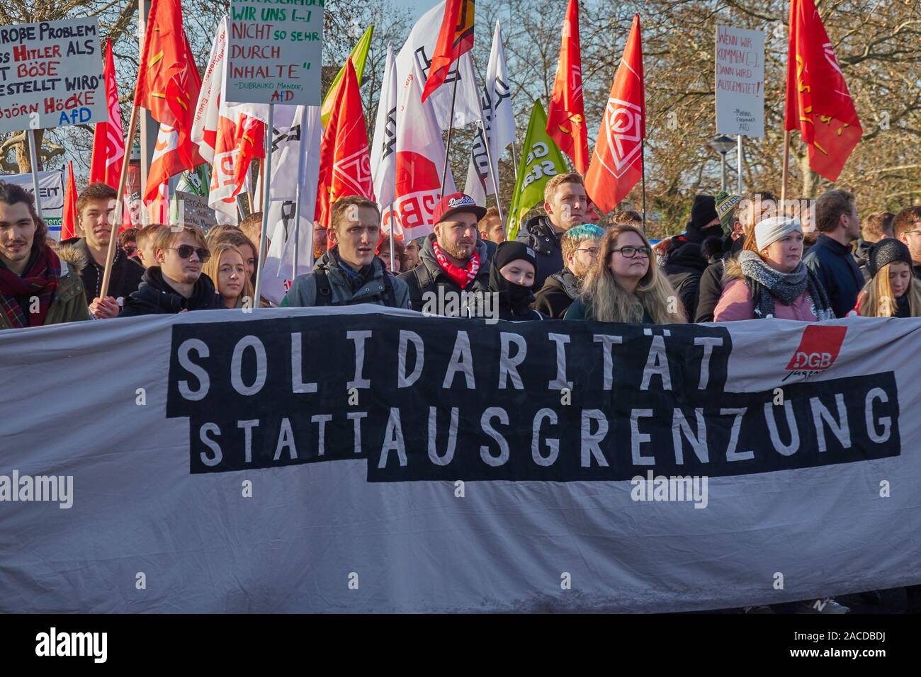 Braunschwig, Germania, Novembre 30, 2019: proteste a dimostrazione contro AFD parte chiamata in conferenza per la solidarietà invece di esclusione Foto Stock