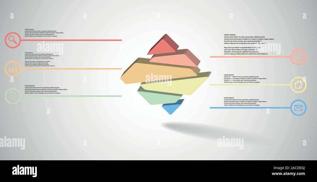 3D illustrazione modello infografico. Il rombo in rilievo è casualmente diviso in sei parti a colori. Scopo è disposta su grigio sfondo bianco. Illustrazione Vettoriale