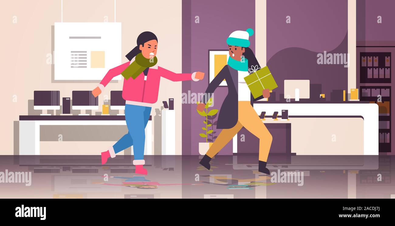 Due donne amanti dello shopping in lotta per ultimo regalo mix corsa furiosa clienti stagionale sul carrello vendita lotta nozione moderna tecnologia store interno orizzontale di lunghezza completa illustrazione vettoriale Illustrazione Vettoriale