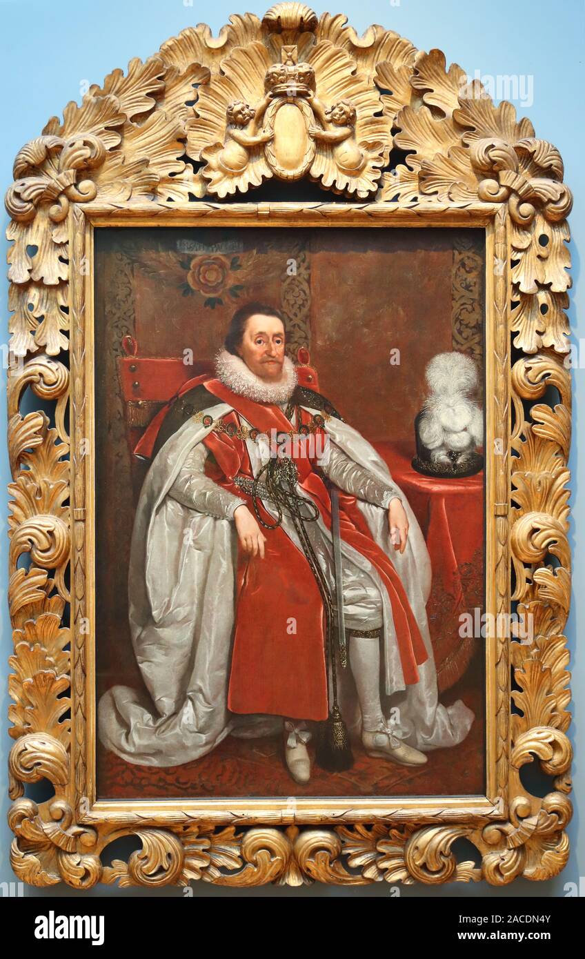 Ritratto del re James VI e i re di Scozia, Inghilterra e Irlanda da Danie Mytens alla National Portrait Gallery di Londra, Regno Unito Foto Stock