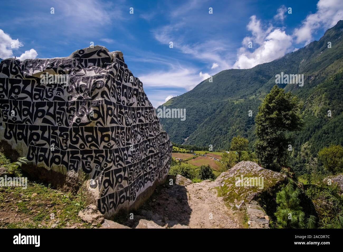 Grandi Mani pietre con inciso il mantra tibetano OM MANI PADME HUM, situato all'entrata del villaggio Foto Stock