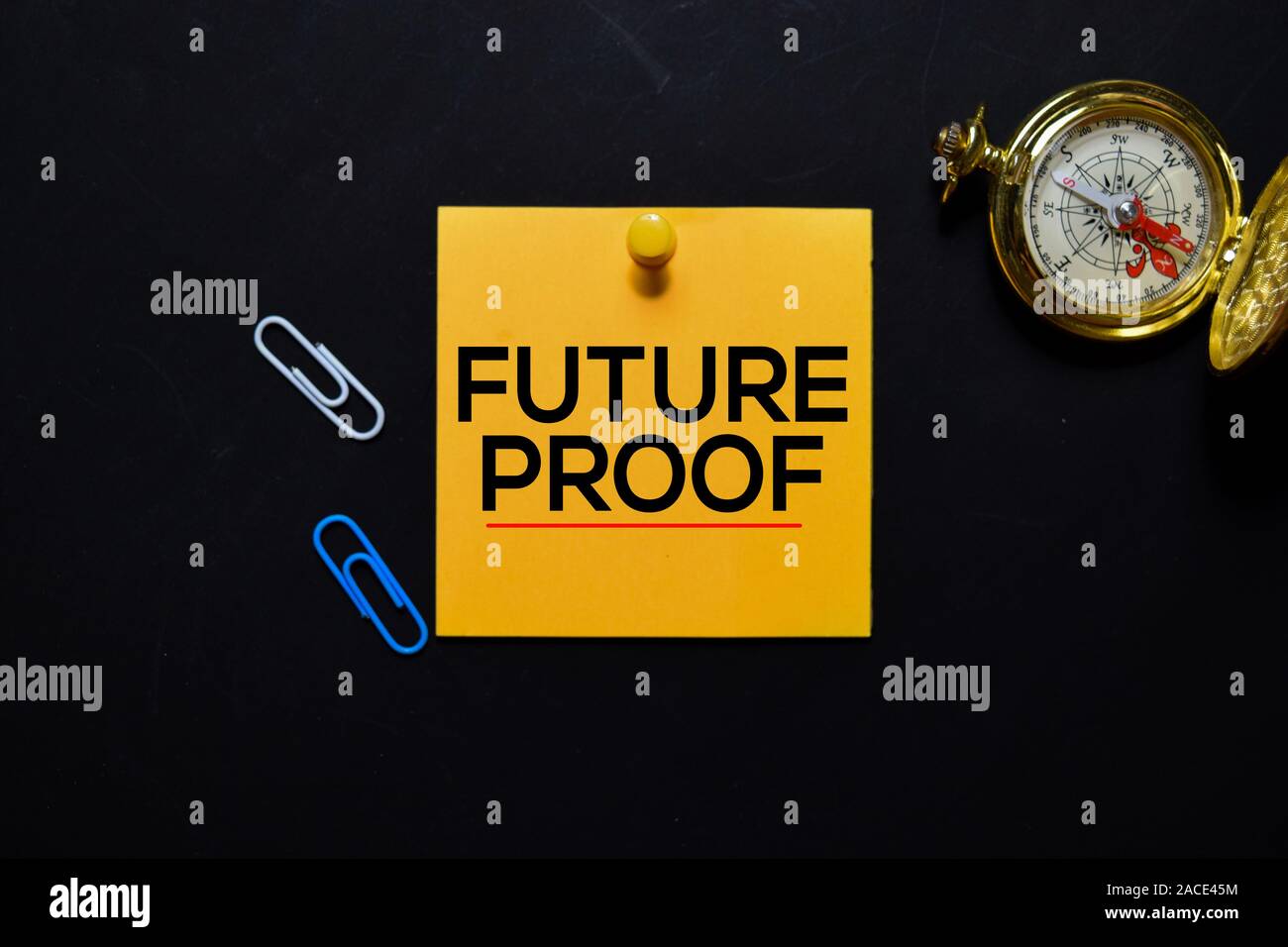 A prova di futuro testo su foglietti adesivi isolati su sfondo nero. Foto Stock